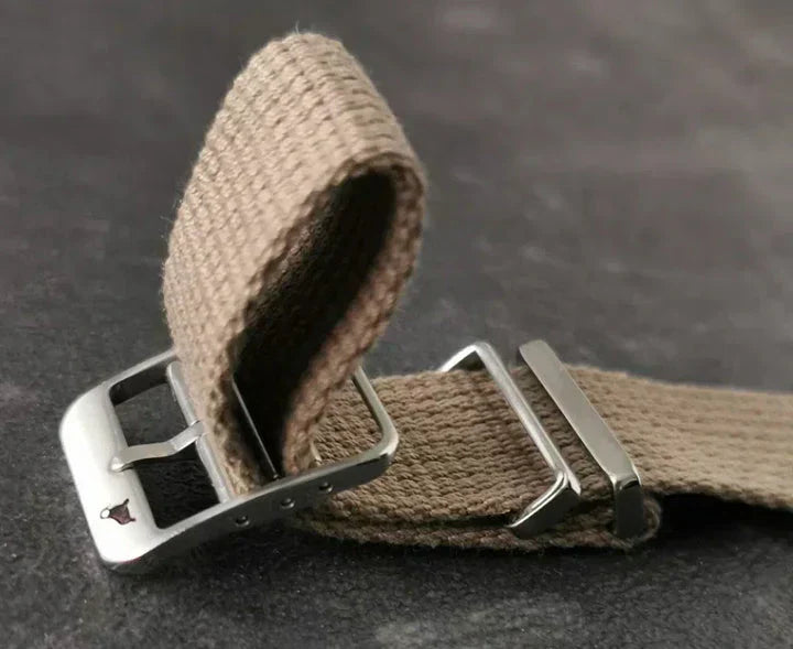 NATO Single Pass Straps with Walrus logo buckle in silver.