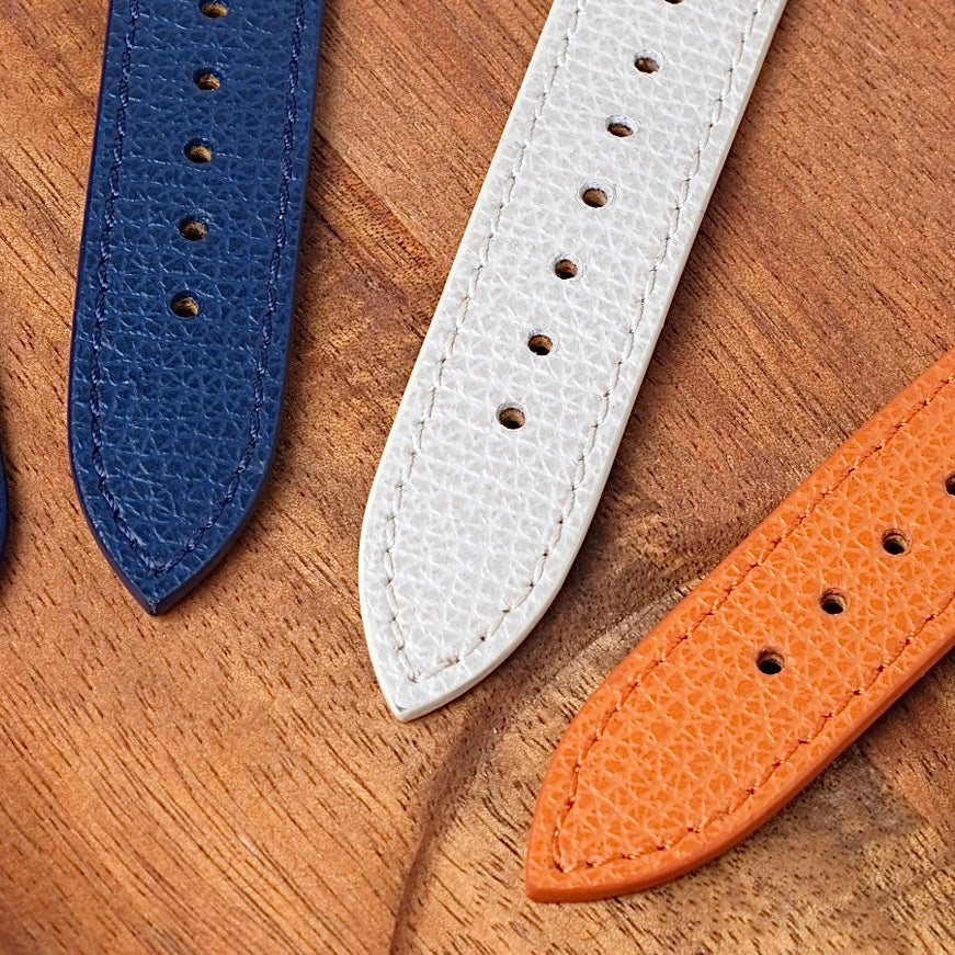 Three Italian Epsom leather watch straps in Navy Blue, White and Orange