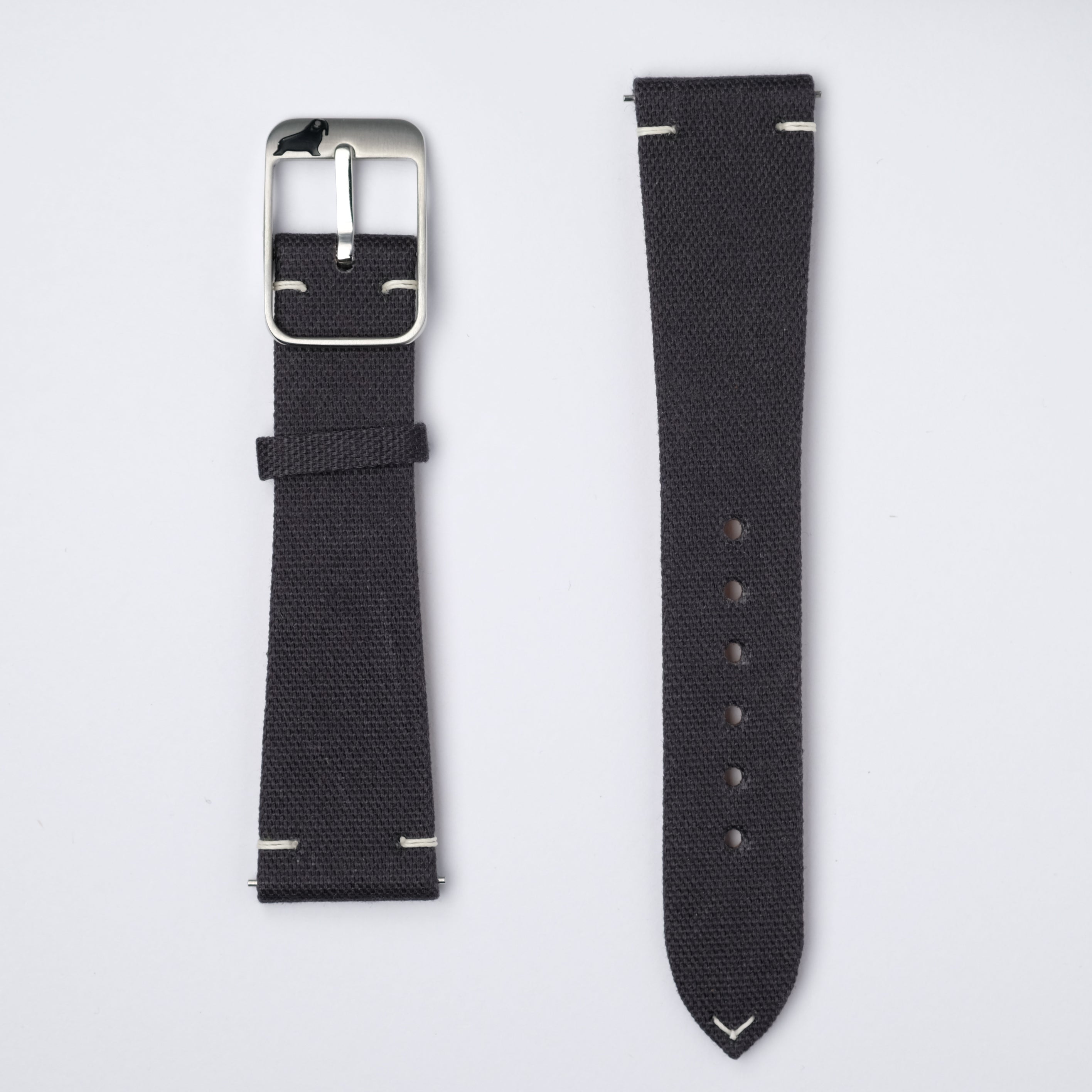 Stone Grey Fine Canvas Watch Strap by RSM, crafted from Japanese cotton canvas, featuring a 316L stainless steel buckle and white stitch detailing.