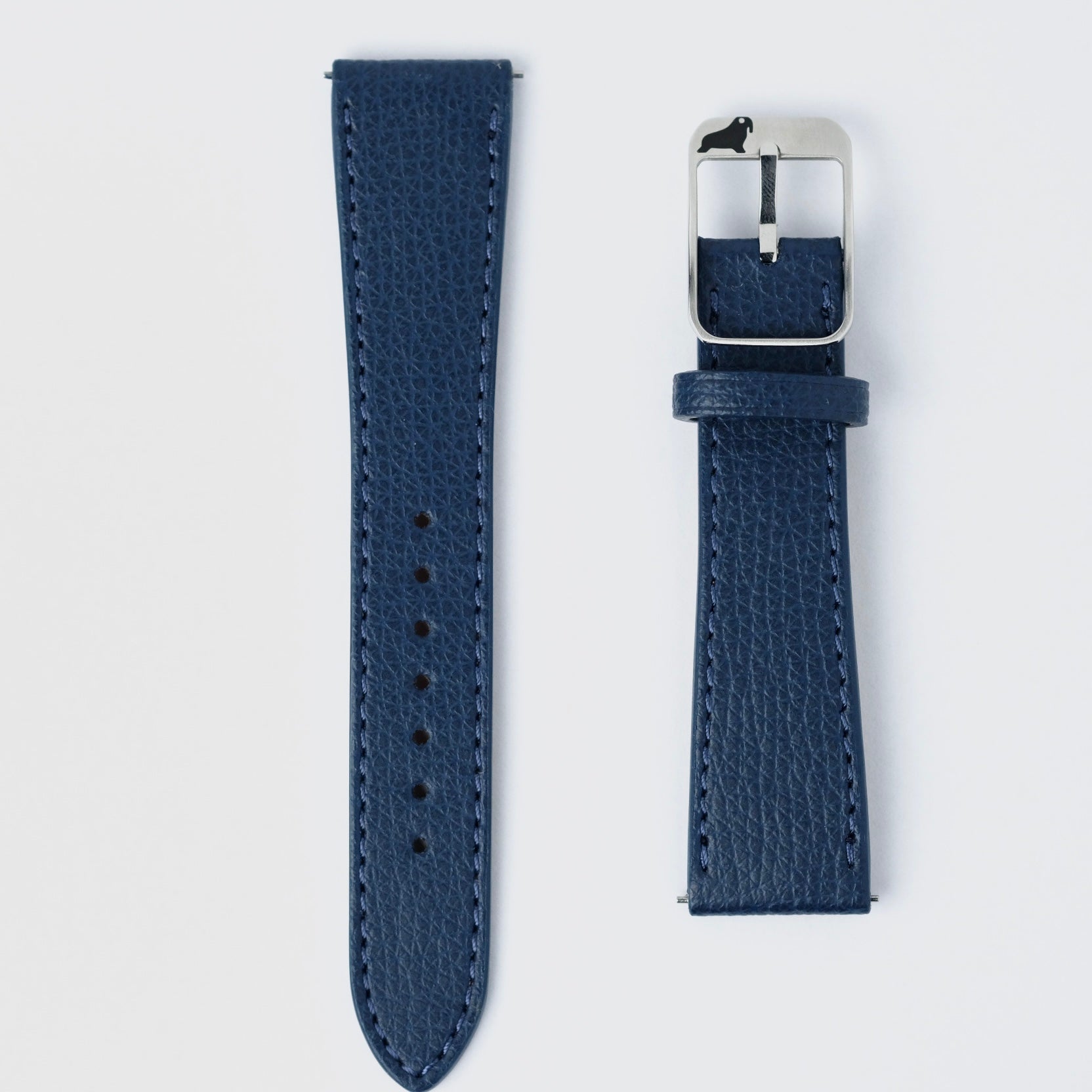 Navy blue Italian Epsom leather RSM Watch Strap with a silver buckle. Two-piece set, classic and versatile.