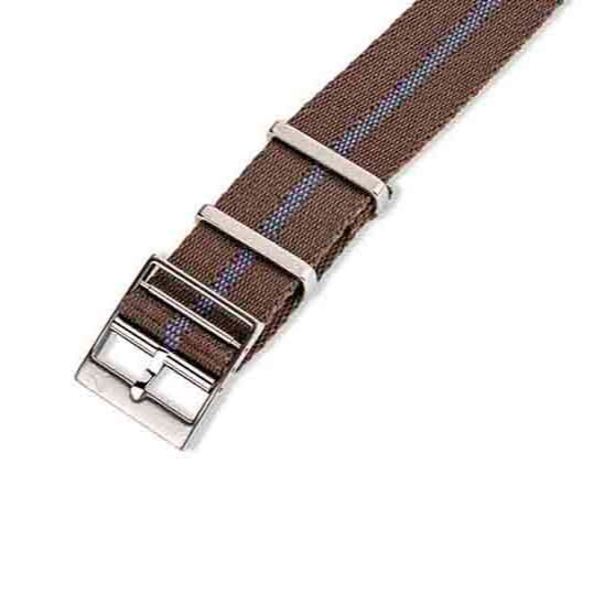 The RSM Engraved Stripe in Blue Coffee features a brown nylon strap with blue stitching and a silver buckle, displayed on a white background.