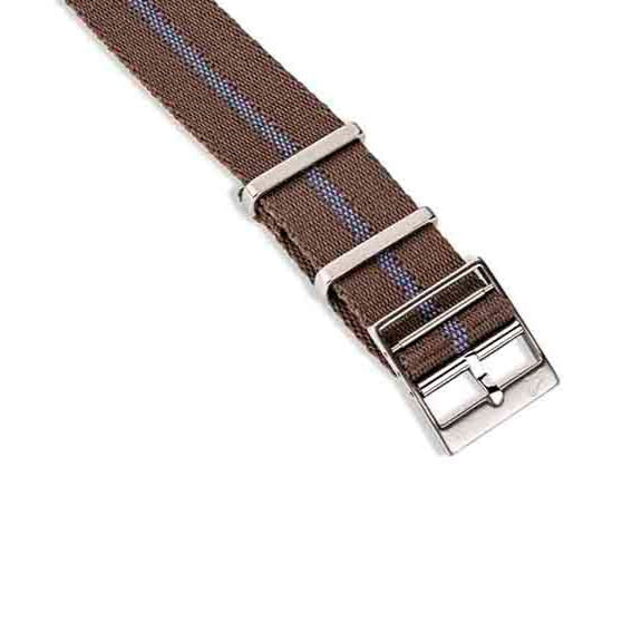 The RSM Engraved Stripe in Blue Coffee features a brown fabric strap with silver loops, a buckle, and blue stitching, placed on a white background.