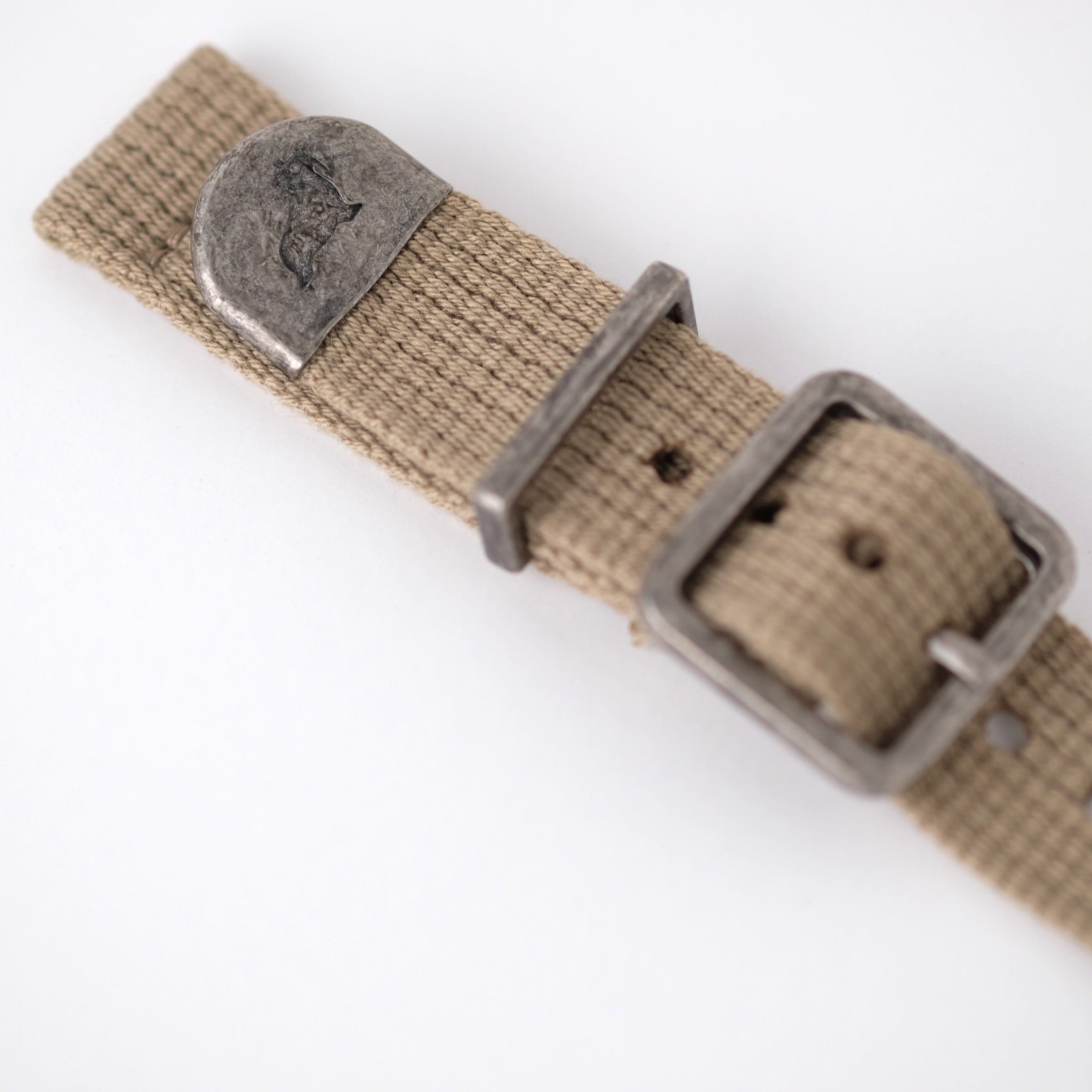 RSM Watch Straps Vintage Military 2-Piece in khaki, a polycotton canvas strap with distressed hardware, silver buckle, and engraved clasp.