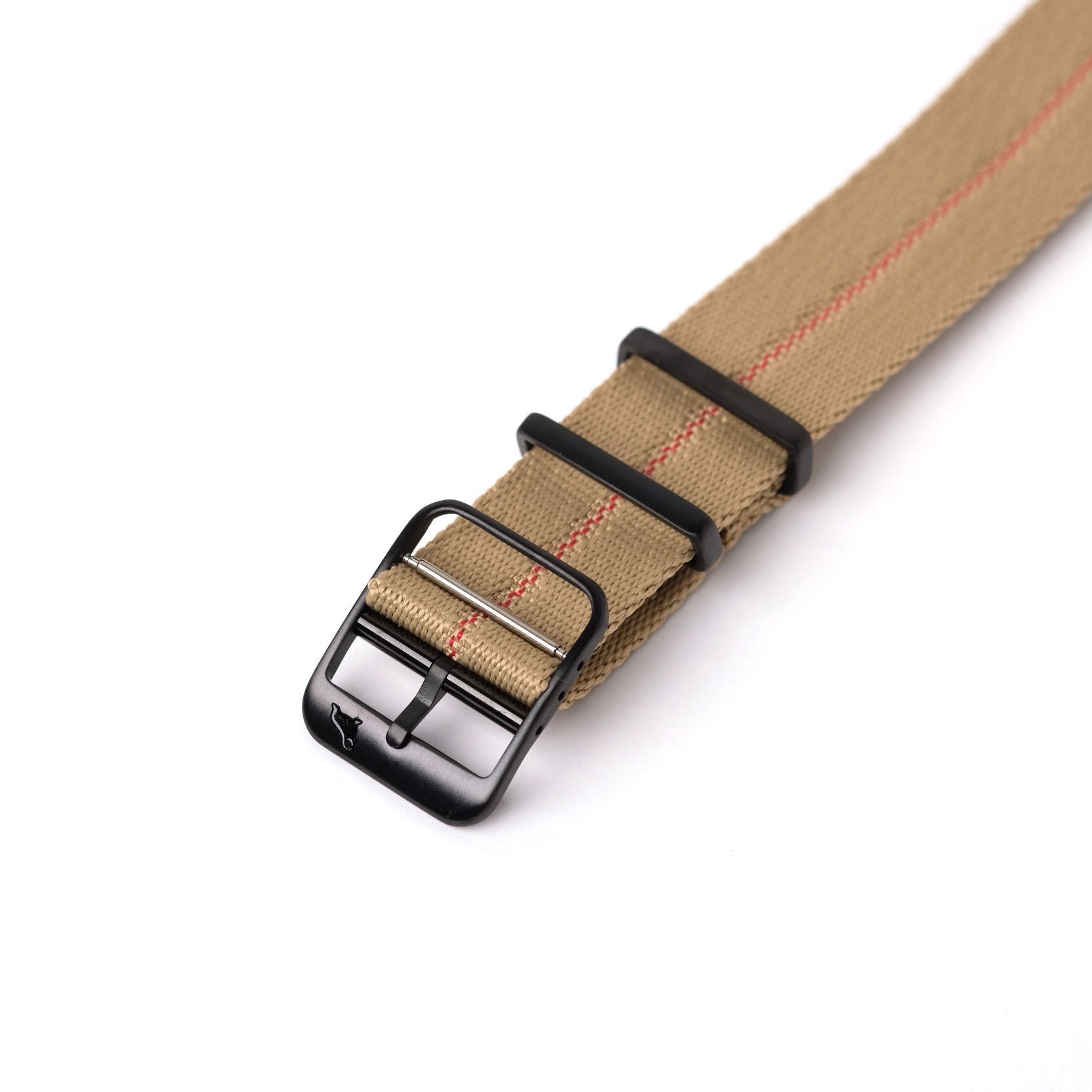 The Red Cross Stripe Engraved RSM Watch Strap with a black buckle is displayed against a clean white background.