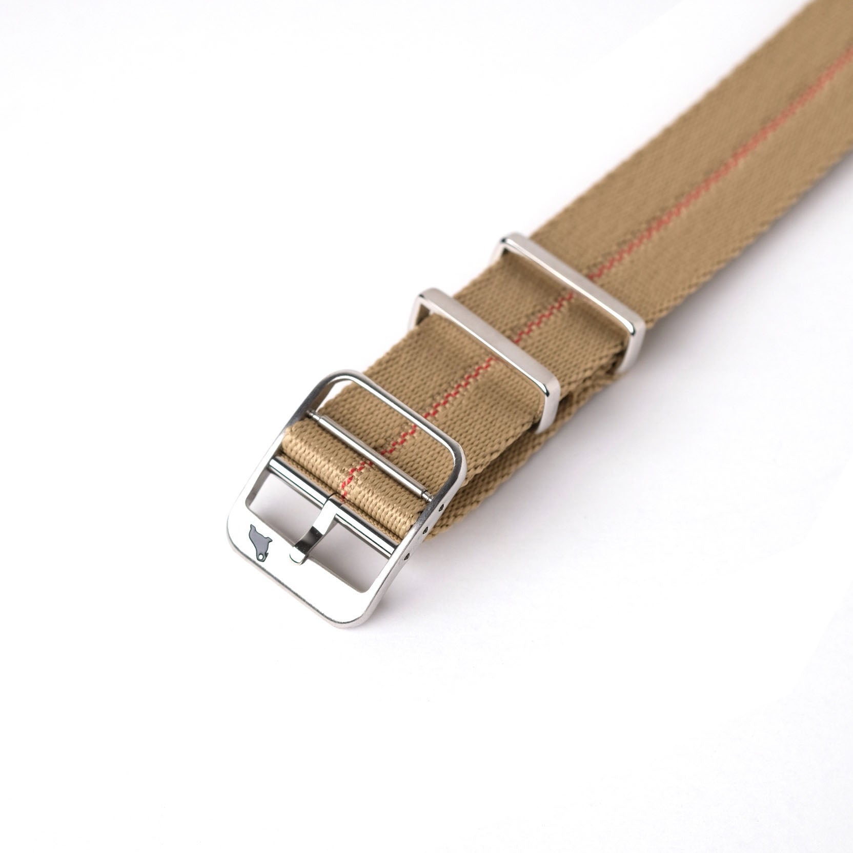 The Red Cross Stripe Engraved RSM Watch Strap with a silver buckle is displayed against a clean white background.