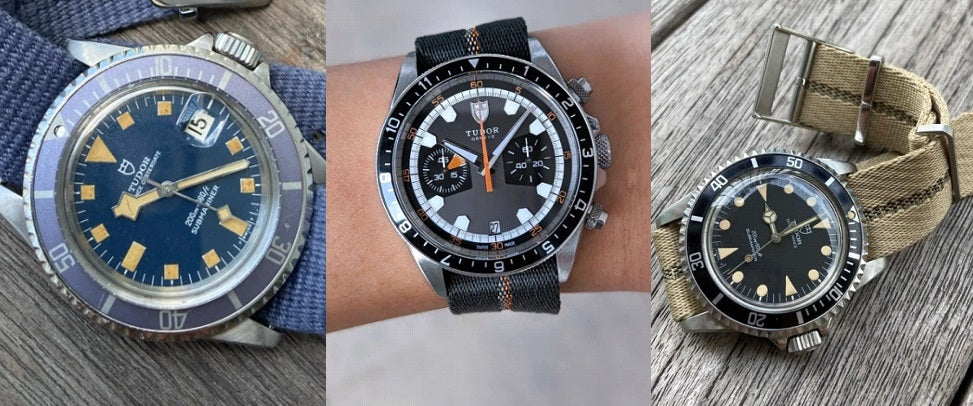 Vintage Tudor watches paired with chic fabric straps