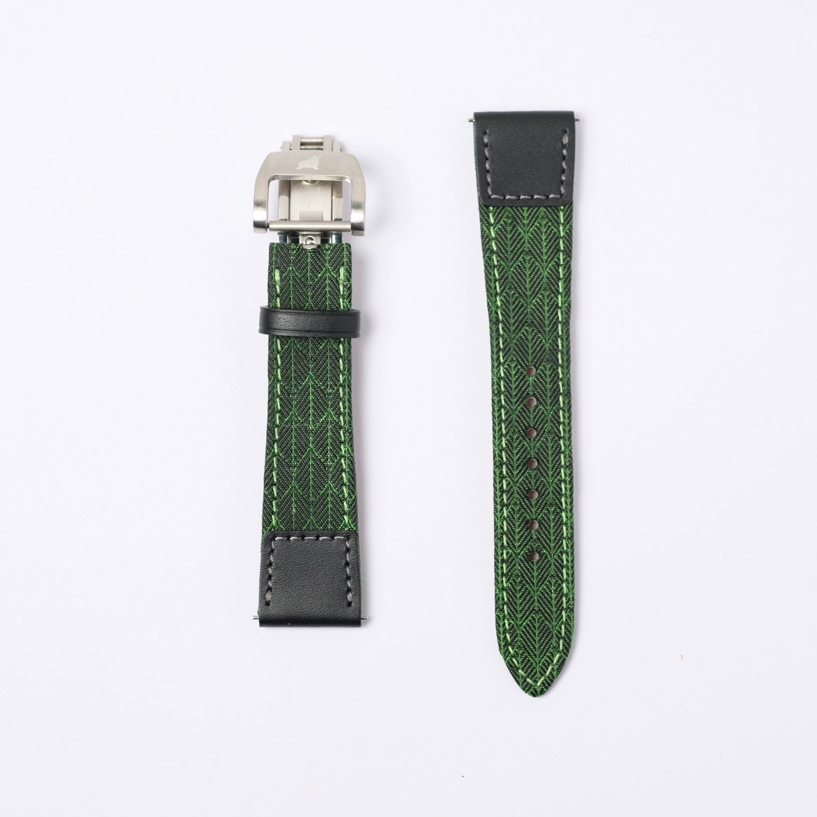 Two RSM Watch Strap Art Deco Silk Watch Straps in Green, featuring a stitched leaf pattern, black leather ends, and silver buckles, displayed on a white background.