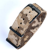 The RSM Watch Strap Desert Camo Adjustable Single Pass features a tan and brown jacquard weave with a desert camouflage pattern, black buckle, and two black loops, shown on a white background.