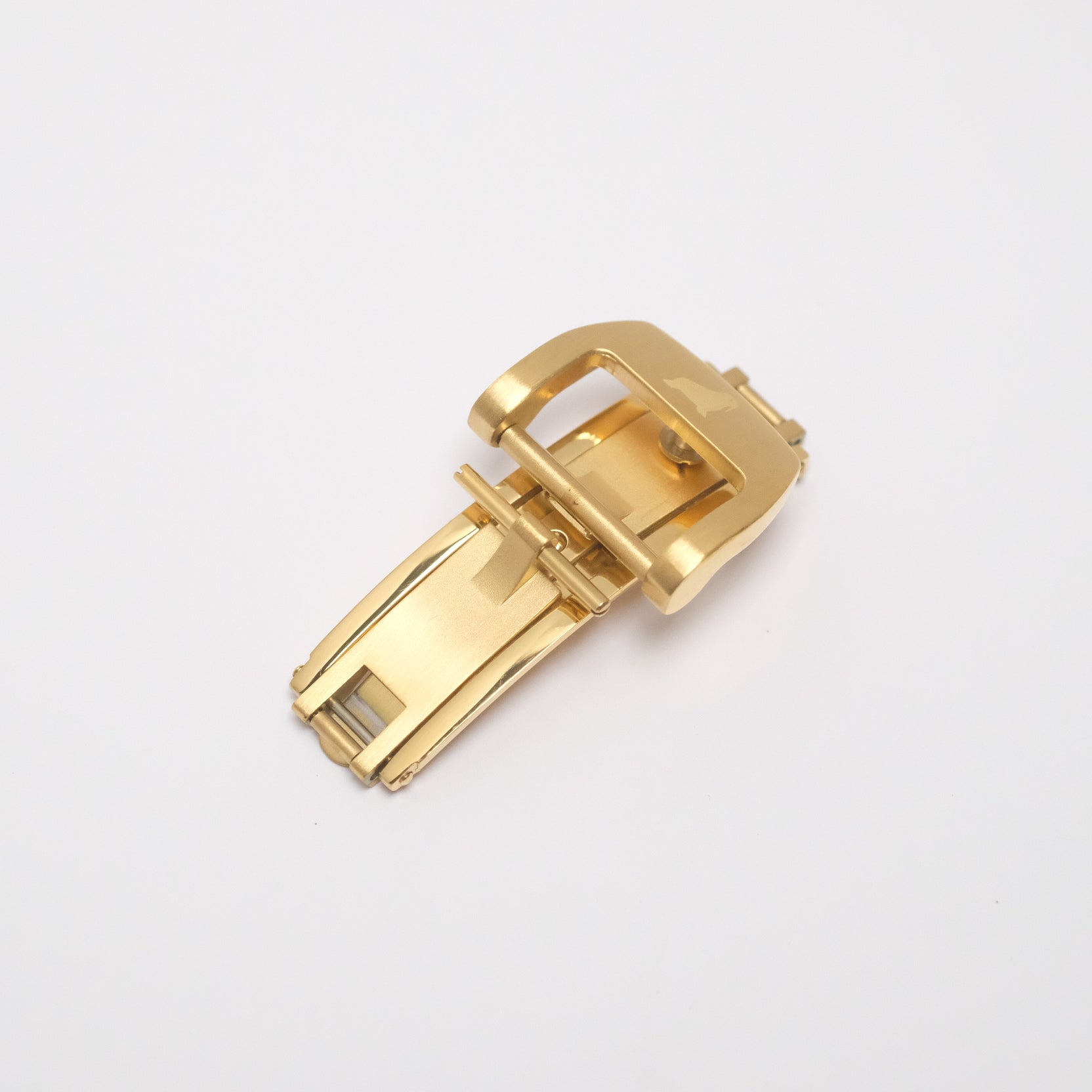 Gold-plated butterfly deployant clasp in closed position, featuring a spring-loaded mechanism to keep it securely open or closed.