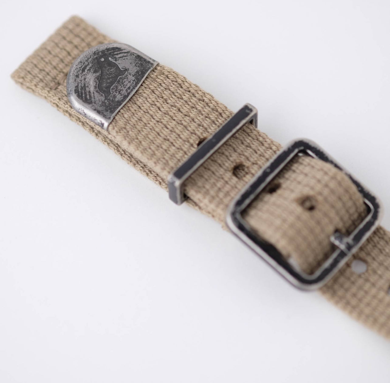 RSM Vintage Military 2-Piece Khaki strap features a textured beige canvas, metal buckle, distressed hardware, and engraved detail.