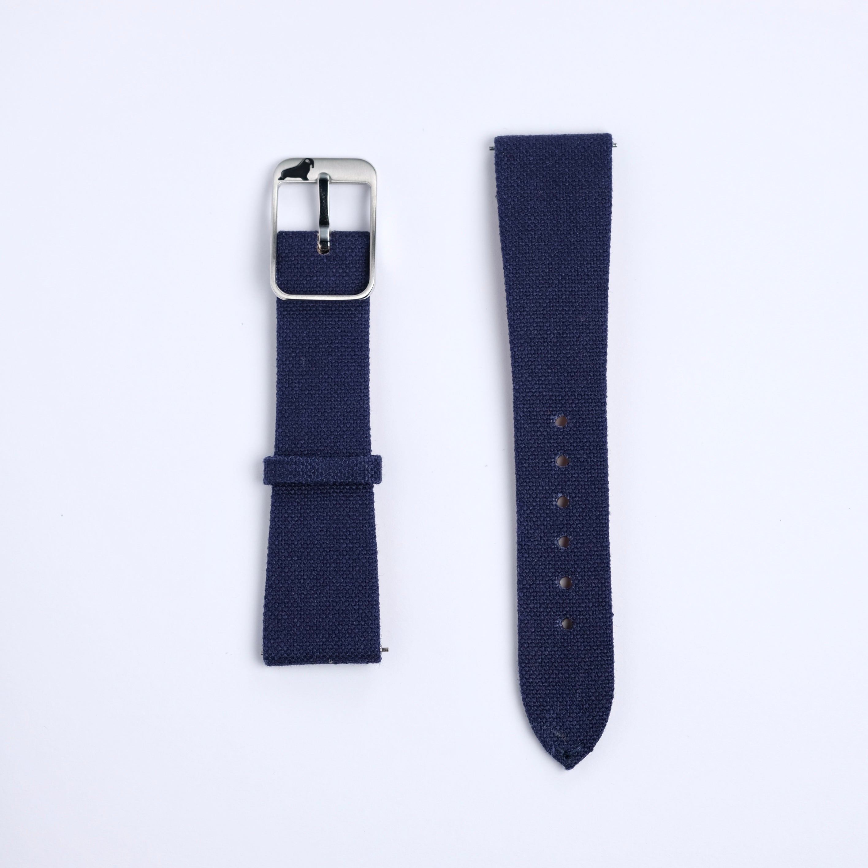 Two RSM Watch Strap Fine Canvas Watch Straps in Navy Blue lie on a white background; the left has a silver buckle, and the right has adjustment holes. Both feature quick release spring bars for easy, tool-free changes.