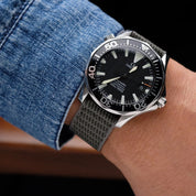 Cross watch strap paired with the neo-vintage Omega Seamaster