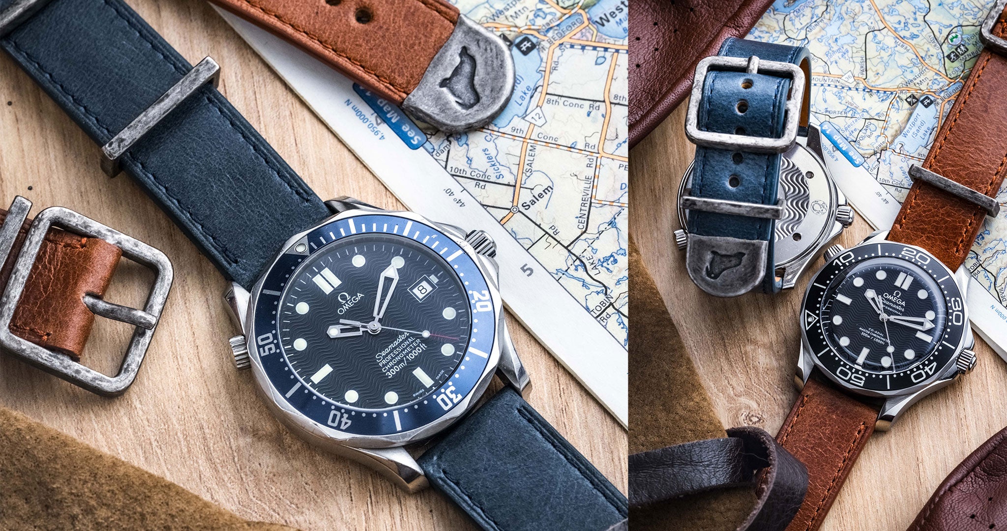Watches with different leather straps on a wooden surface and map background