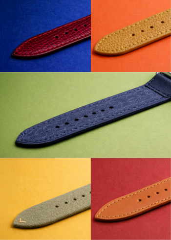 Collection of watch bands on multicolored background. Lizard Leather, Epsom Leather, Art Deco Silk, Fine Canvas, Buttero Leather. Shop at RSM Watch Strap