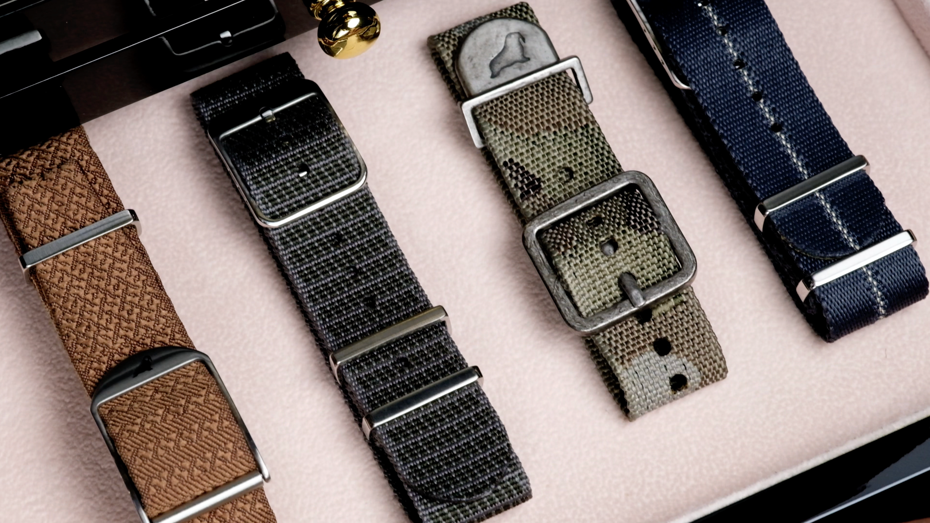 Four RSM watch straps styles: Engraved Stripe, Herringbone Twill, X-Hatch and Camo