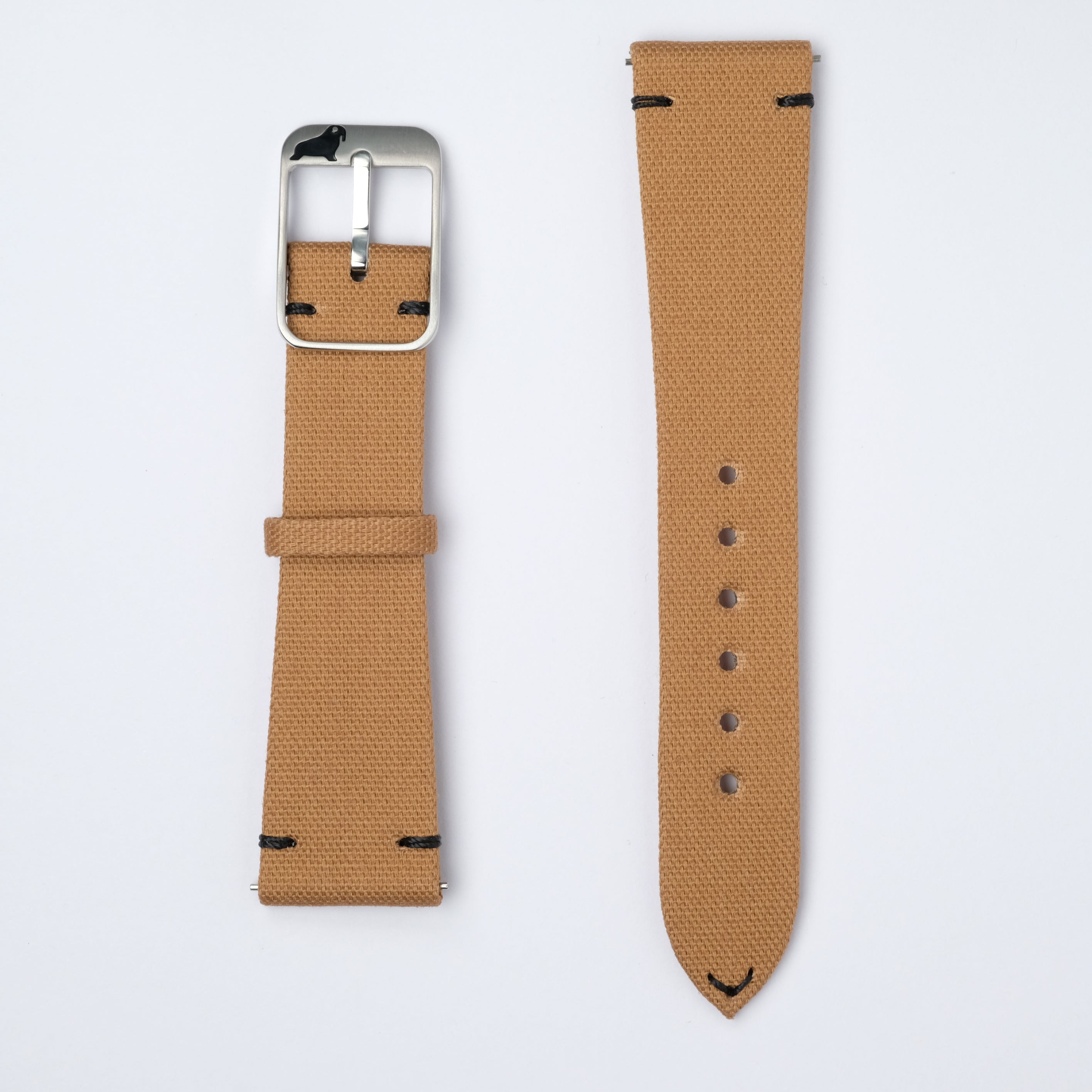 Roasted Tea Fine Canvas Watch Strap by RSM, made from Japanese cotton canvas with black accent stitching and a 316L stainless steel buckle for added style.