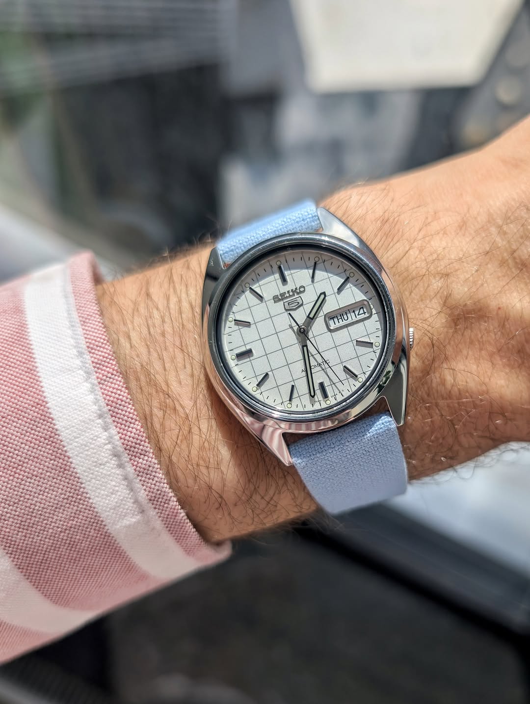 A wrist wearing a Seiko watch with a white grid dial, day-date display, silver case, and an RSM Watch Strap Fine Canvas Watch Strap in Light Blue. The person also wears a pink and white checkered shirt.