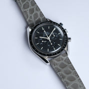 The RSM Watch Strap Alligator Circular Grain Calf Leather Watch Strap in Grey, showcased on a light background, demonstrates Japanese craftsmanship with its embossed texture and refined design.