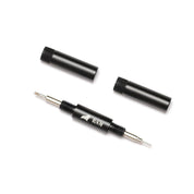 The RSM Watch Strap Basic Spring Bar Tool is black and silver with a forked and pointed end, two removable black caps, a bird logo, and the letters BSM on its body.