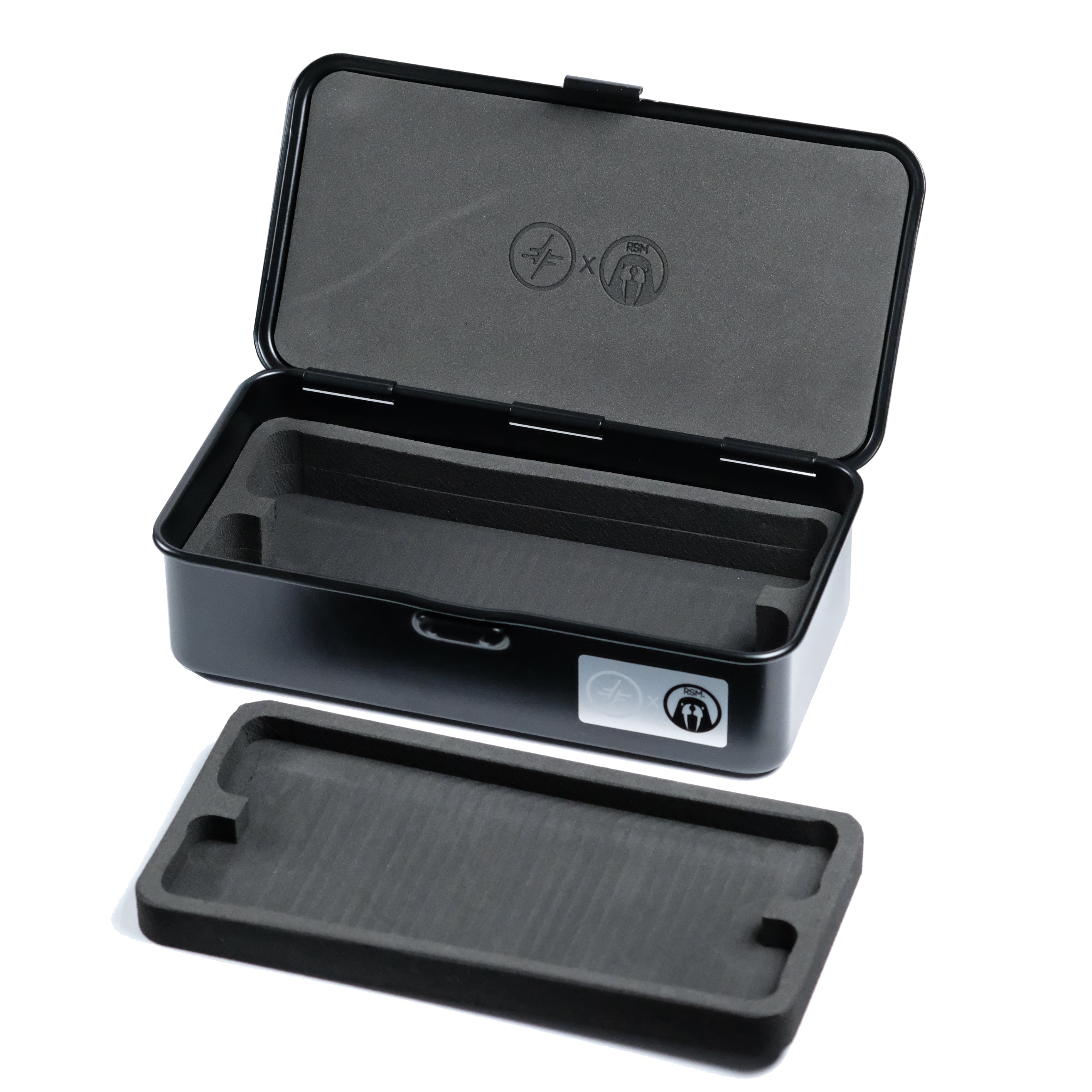 Open black rectangular Watch Tool Box T-190 with a foam interior, featuring a removable foam insert resting in front.