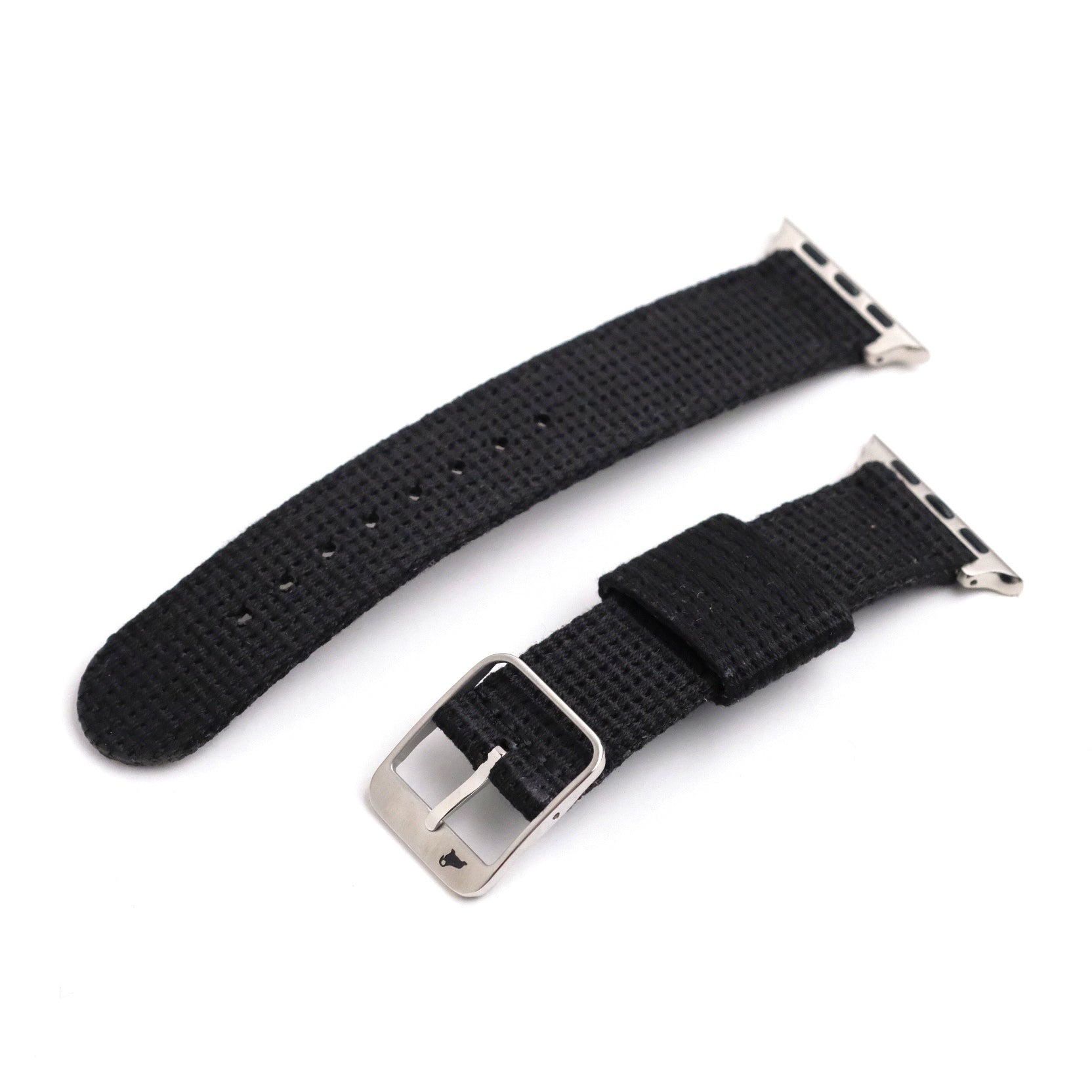 Two Vintage Military 2-Piece Watch Straps in black fabric by RSM Watch Strap, Apple Watch-compatible with steel connectors and buckle, are displayed on a white background separated into top and bottom parts.