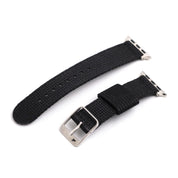 Two Vintage Military 2-Piece Watch Straps in black fabric by RSM Watch Strap, Apple Watch-compatible with steel connectors and buckle, are displayed on a white background separated into top and bottom parts.