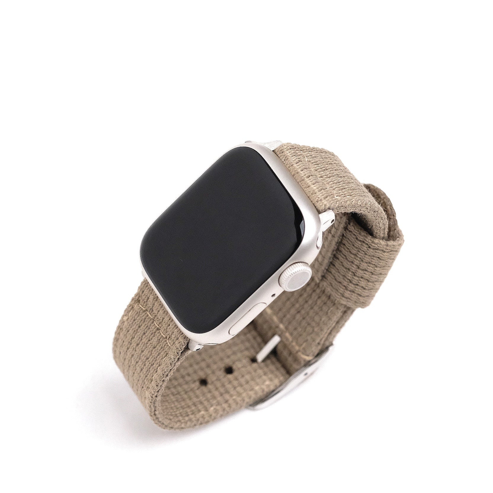 A smartwatch with a blank, black screen and a Vintage Military 2-Piece Watch Strap in Steel by RSM Watch Strap, displayed on a white background.
