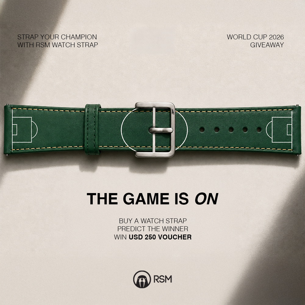 RSM Watch Strap presents the World Cup 2026 Pin on a light background. Buy a pin and predict the winner for a chance to win a USD 250 voucher in our World Cup 2026 giveaway!.