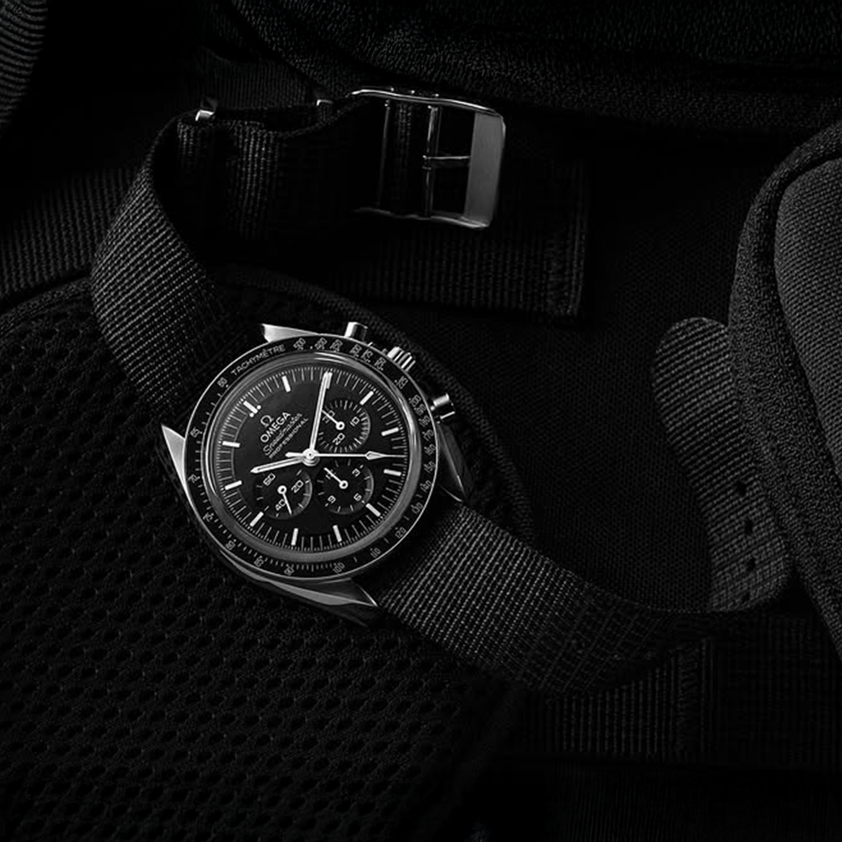 Omega Speedmaster with RSM watch strap X-Hatch Single Pass in Black