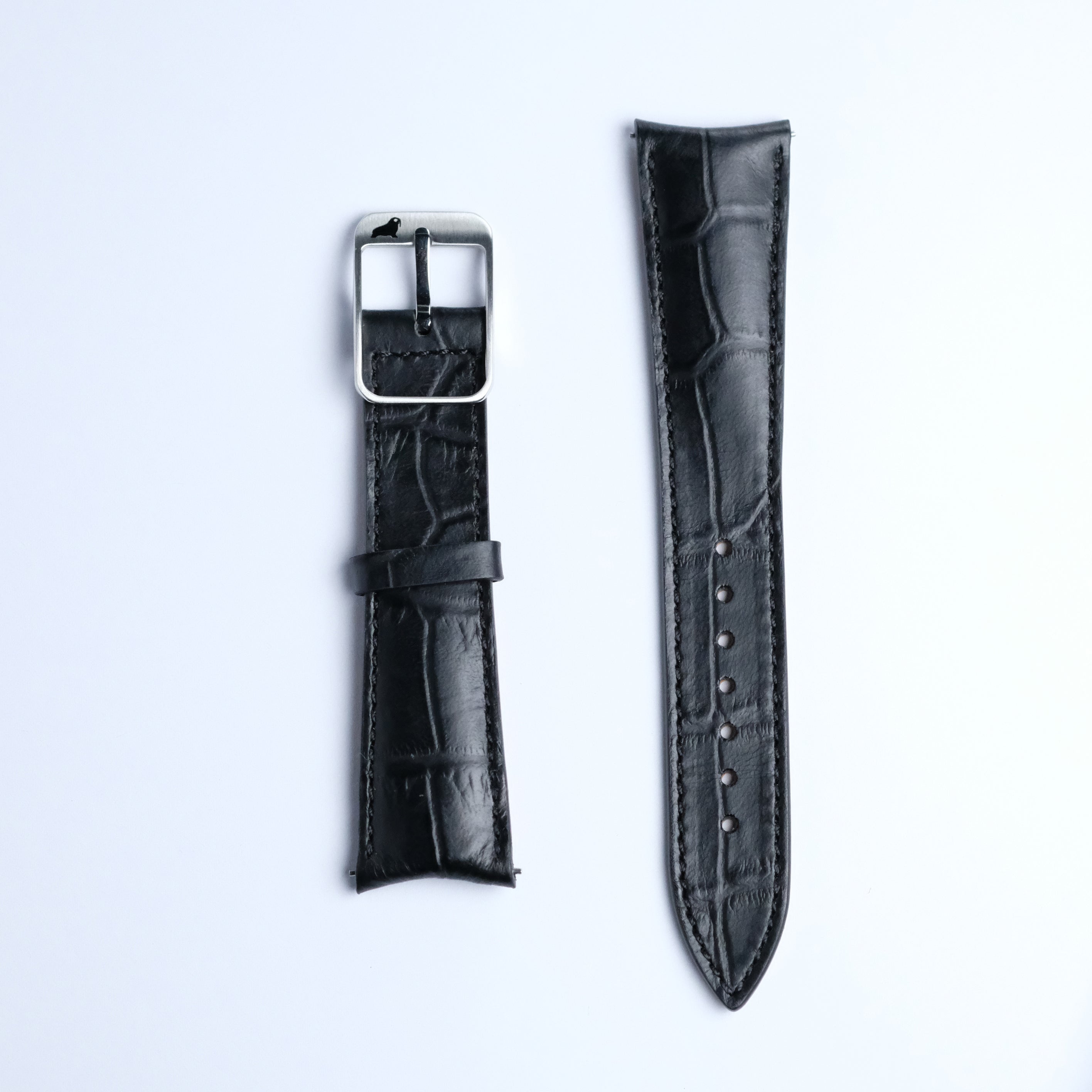Two RSM Watch Strap Curved Lugs Alligator Rectangular Grain Watch Straps in Black are displayed side by side on a white background—one with a silver buckle, the other with adjustment holes, both highlighting Japanese craftsmanship.