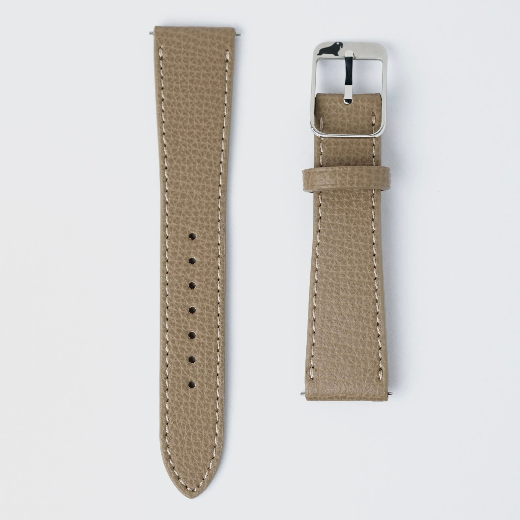 The RSM Watch Strap Italian Epsom Leather Watch Strap in Beige is shown in two pieces side by side on a white background, with one piece featuring a silver buckle and detailed white stitching.