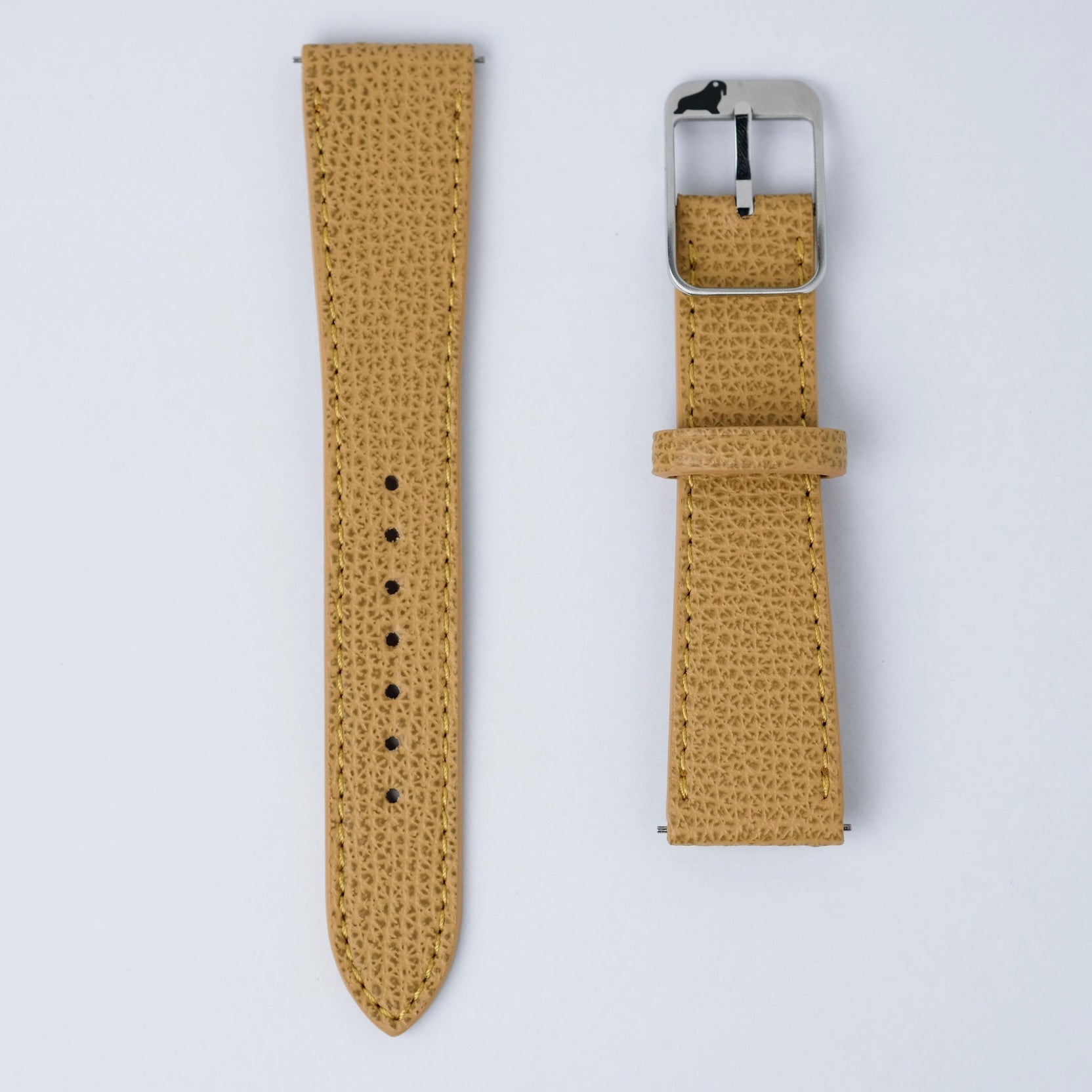 Two pieces of the RSM Watch Straps Italian Epsom Leather Watch Strap in Yellow, one with holes and the other with a silver buckle, are laid flat side by side on a white background.