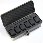 The Watch Tool Box T-320 by RSM Watch Strap features a durable metal case with a foam insert, offering six individual slots for organizing your items. Its open lid reveals black, padded compartments—making it perfect as an EDC watch storage solution or a practical Toyo Steel-inspired watch box for your collection.