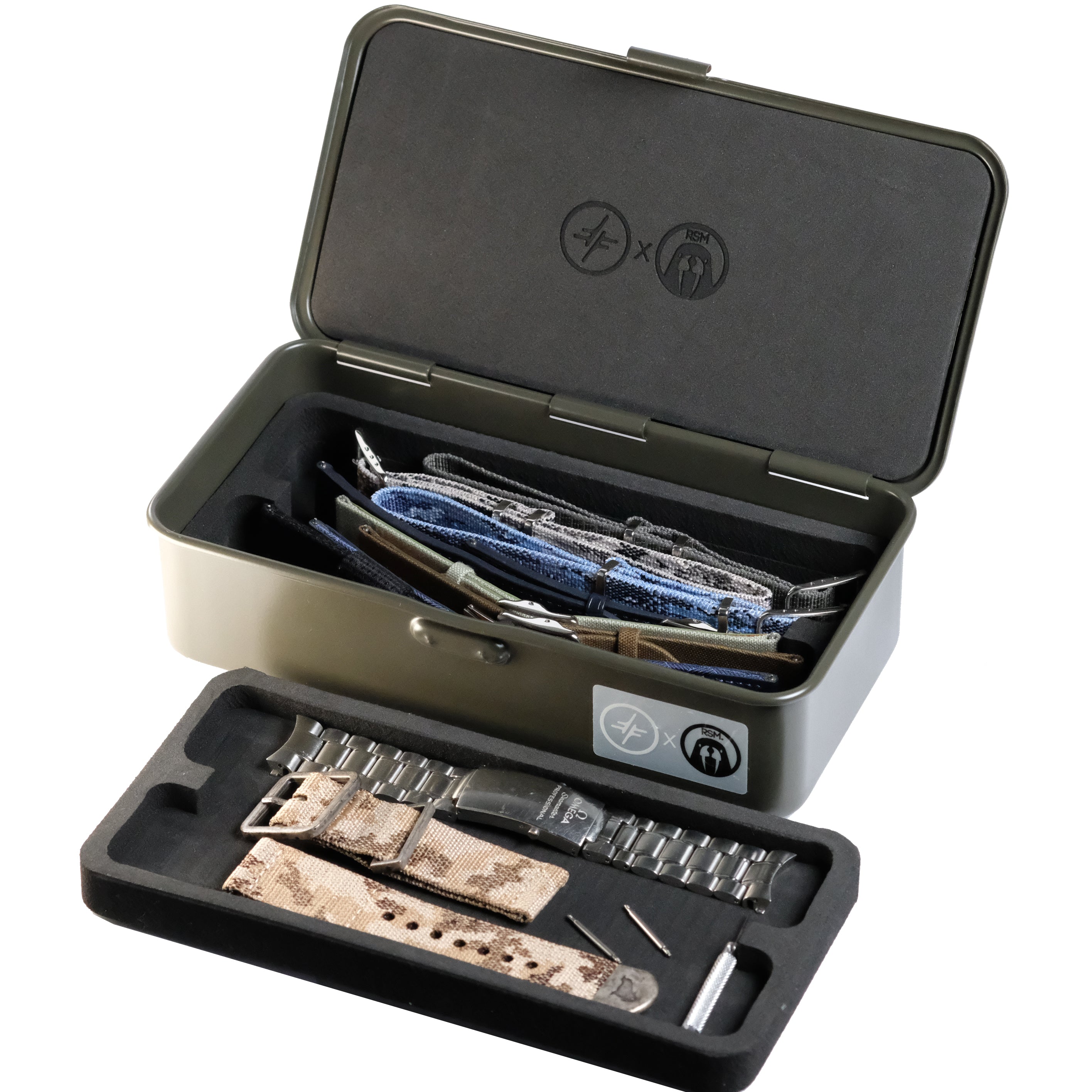 The RSM Watch Strap Watch Tool Box T-190 is a green toolbox neatly organized with various watch straps, tools, and a small foam tray holding additional straps and pins—perfect for efficient watch strap storage and easy access.