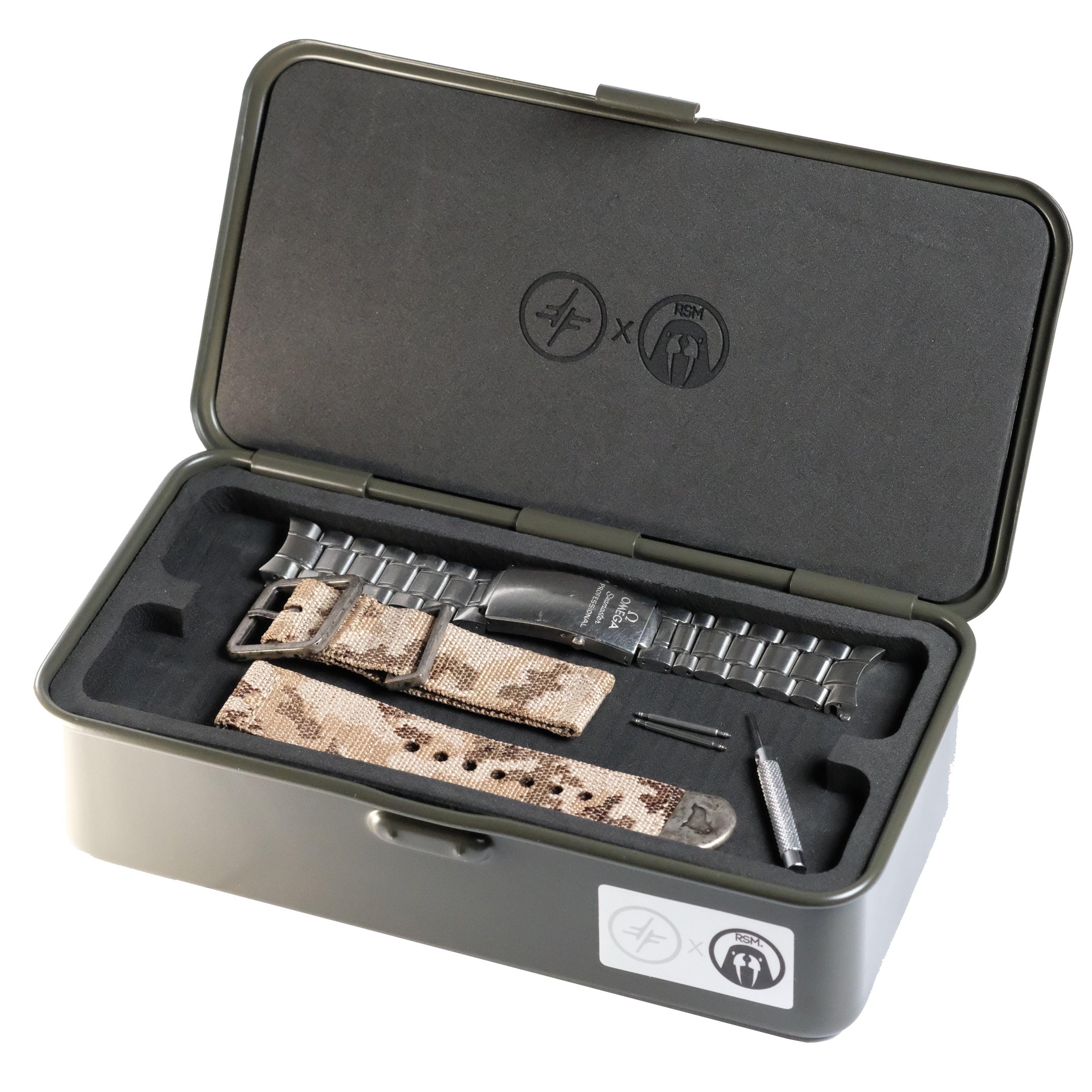The Watch Tool Box T-190 by RSM Watch Strap is a metal Toyo Steel toolbox featuring a wristwatch, interchangeable watch straps, and tools, all neatly arranged within foam cutouts. The case lid displays two black-printed logos on the interior, offering an ideal solution for storing and displaying your watch straps.
