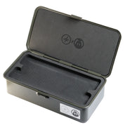 The RSM Watch Strap Watch Tool Box T-190 is a rectangular, dark gray case with a hinged lid that opens to reveal a foam-lined interior. Circular icons are printed inside the lid and on the front of the box, making it ideal for watch strap storage.