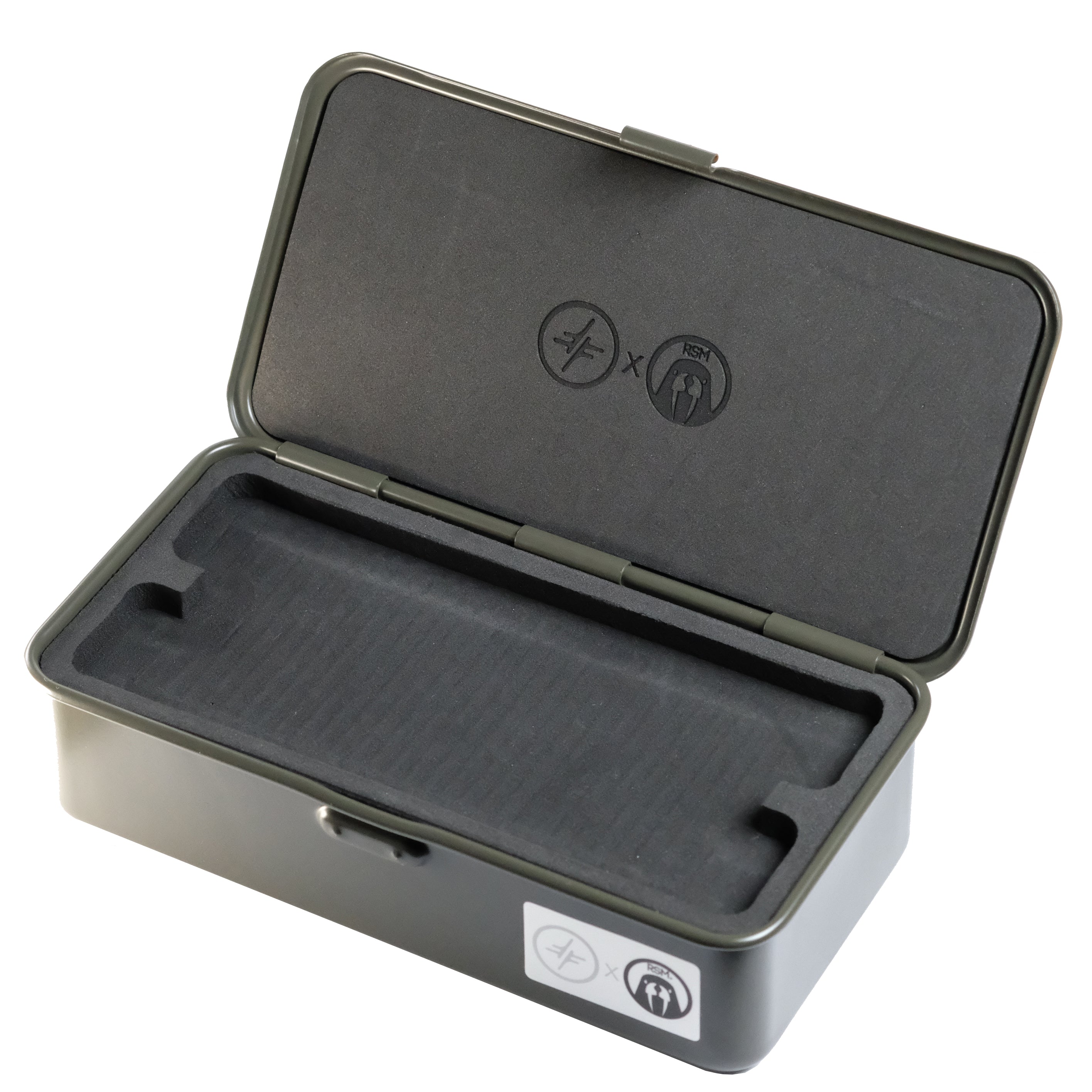 The RSM Watch Strap Watch Tool Box T-190 is a rectangular, dark gray case with a hinged lid that opens to reveal a foam-lined interior. Circular icons are printed inside the lid and on the front of the box, making it ideal for watch strap storage.