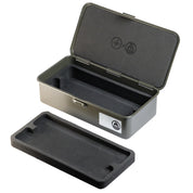 A rectangular gray metal box, the Watch Tool Box T-190 by RSM Watch Strap, features a hinged lid with foam lining inside and a removable foam insert at the front. Symbols adorn the lid and side, making it an ideal storage solution for watch straps or a reliable toolbox for watch tools.