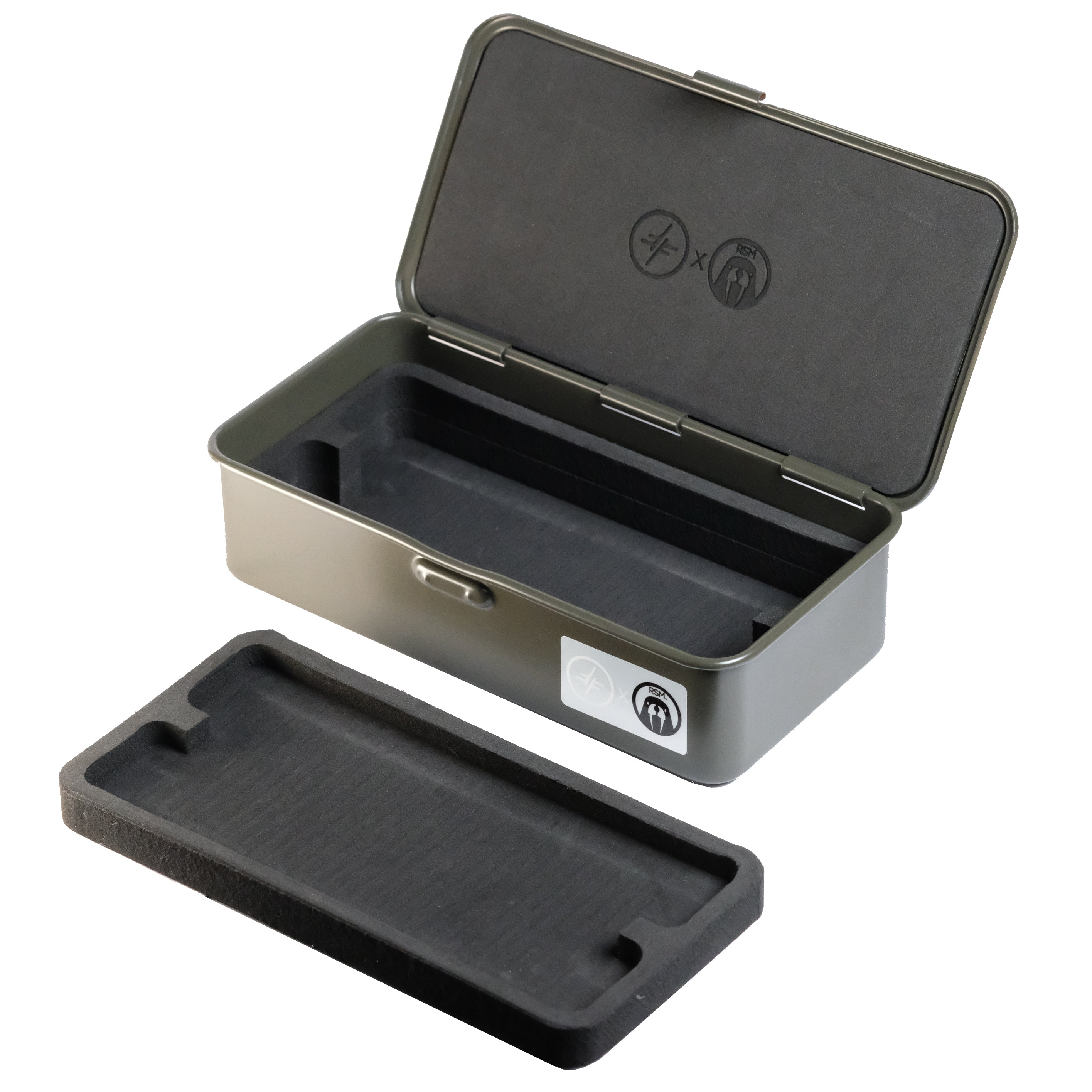 A rectangular gray metal box, the Watch Tool Box T-190 by RSM Watch Strap, features a hinged lid with foam lining inside and a removable foam insert at the front. Symbols adorn the lid and side, making it an ideal storage solution for watch straps or a reliable toolbox for watch tools.