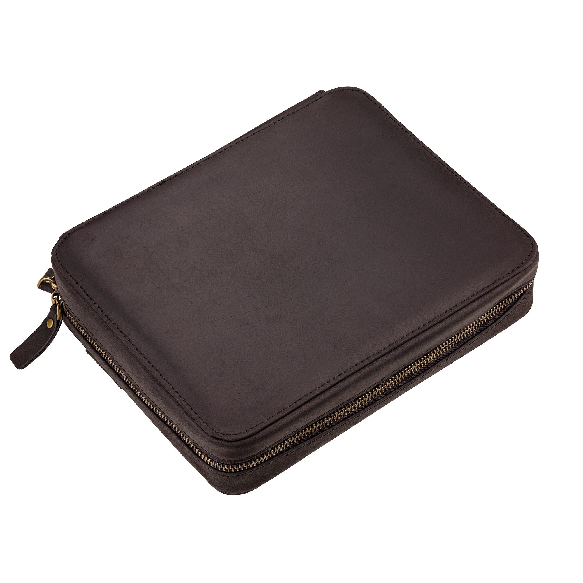 The 3-Piece Travel Watch Case in Black Leather by RSM, made from Crazy Horse Leather, features a smooth surface, sturdy zipper, and sleek design.