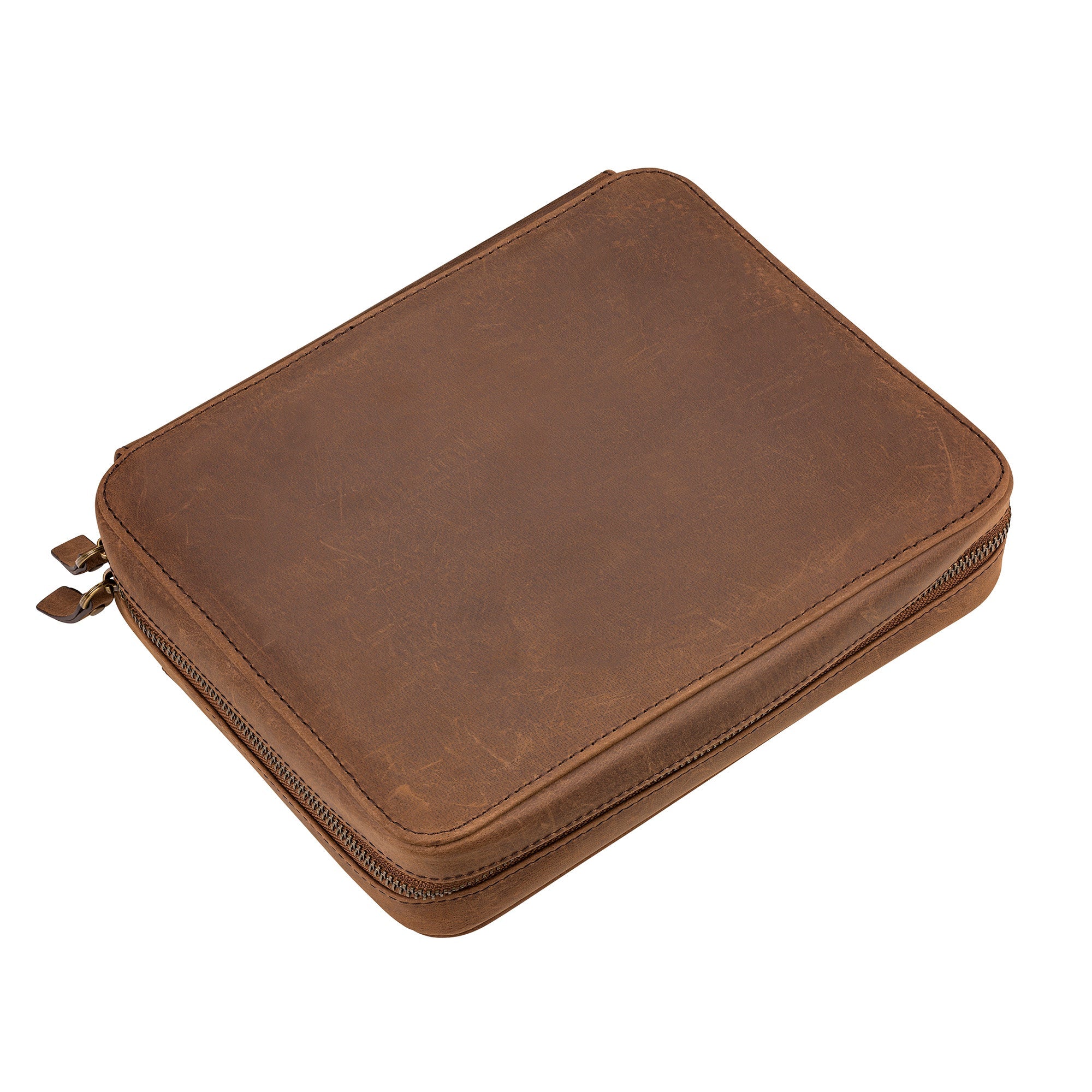 The back of the 3-Piece Travel Watch Case in Brown Leather by RSM features a worn texture, visible zipper pull, and rustic charm on a white surface.
