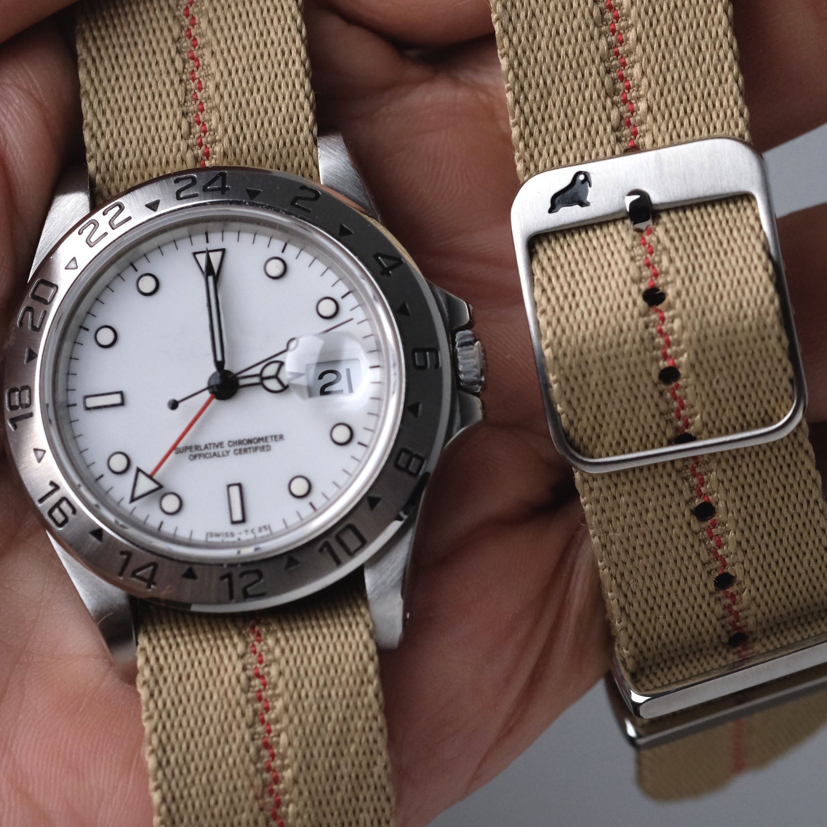 Engraved Stripe Red Cross Stripe RSM Watch Strap, showcasing intricate detailing and a bold design for a stylish, durable fit.