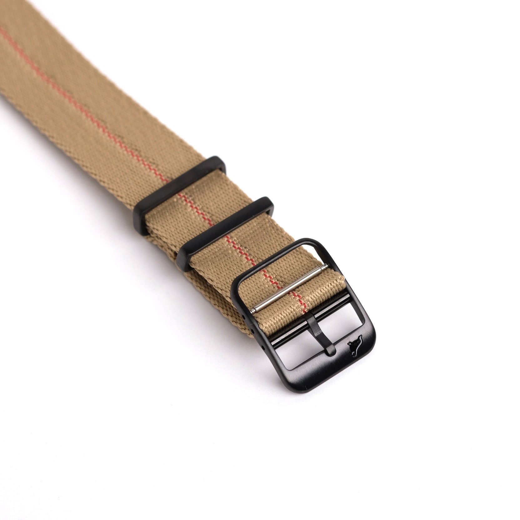 The Red Cross Stripe Engraved RSM Watch Strap with black hardware is displayed against a white background.
